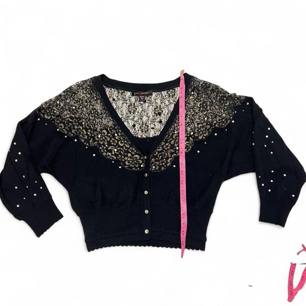 Betsey Johnson Black V-Neck Sweater Cardigan with Gold Lace & Pearl Accents - Picture 5 of 6